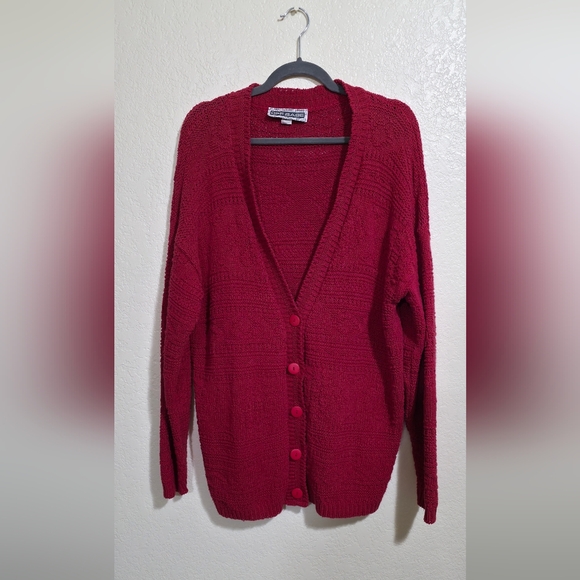 OFF BASE Sweaters - Vintage Knit 100% Cotton Red Cardigan Sweater | 90s Vibe Button Down Long Sleeve